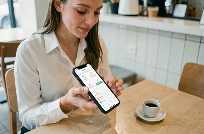 Jeune employée Auchan accédant à ses fiches de paie HR4YOU depuis son smartphone dans une pause café