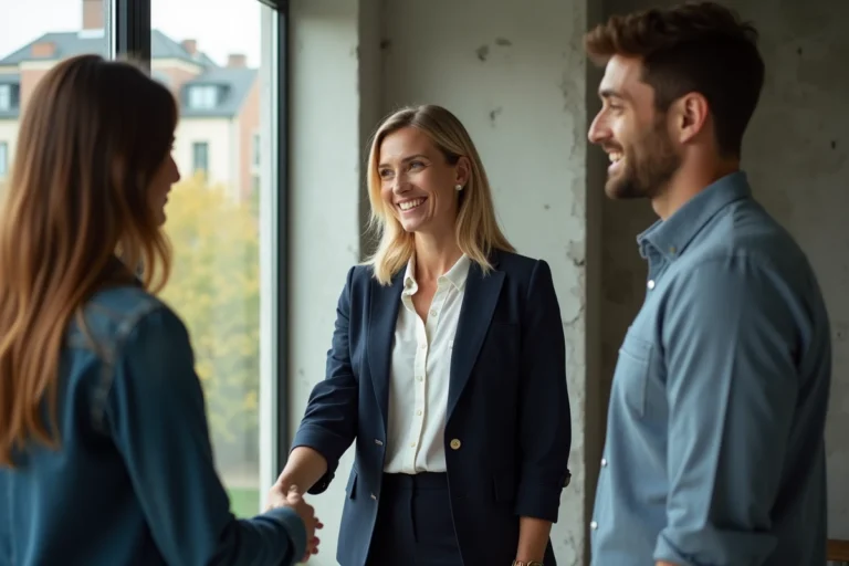 Agent immobilier Immo Proxima signant un accord avec des clients satisfaits dans un appartement moderne