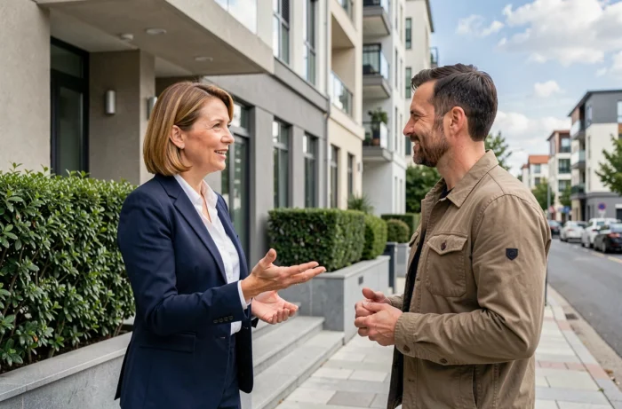 Agent immobilière présentant un appartement moderne à un acheteur potentiel