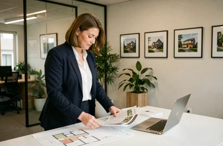 Agente immobilière consultant les rubriques et pages d'un site immobilier dans une agence moderne