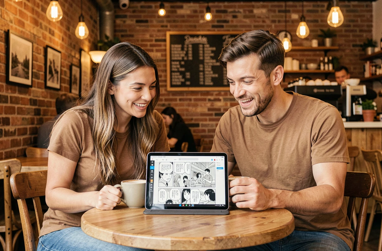 Deux amis lisant des mangas ensemble sur une tablette dans un café urbain chaleureux
