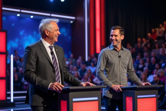 Animateur principal et co-animateur complices sur le plateau d'un jeu télévisé devant un public
