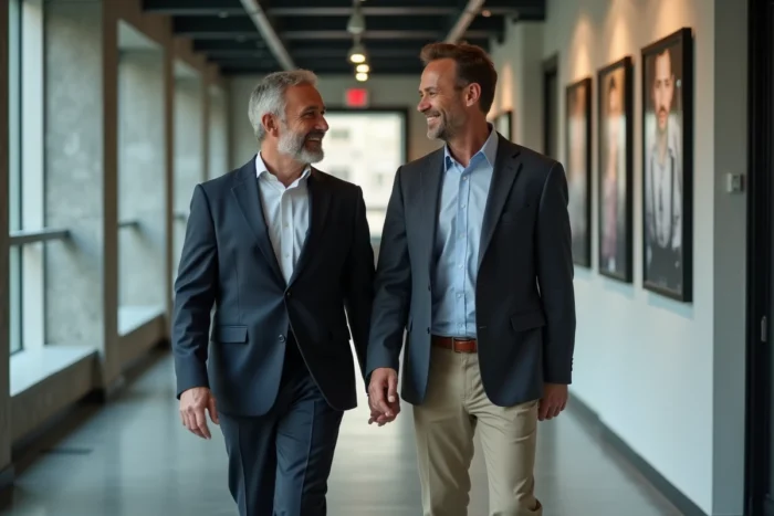 Deux animateurs de télévision en discussion détendue dans les couloirs d'une chaîne de télévision