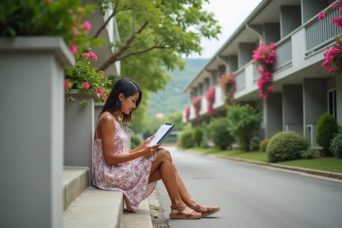 Jeune femme consultant des documents devant un immeuble moderne dans un quartier résidentiel proche de Nouméa