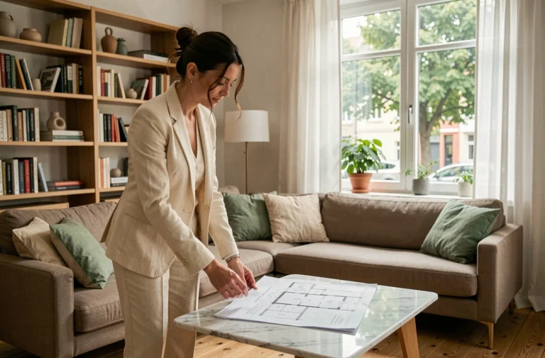 Femme architecte d'intérieur examinant des plans dans un salon scandinave épuré aux tons neutres et chauds