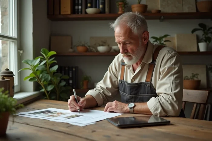 Artisan rédigeant un devis de travaux de rénovation assis à un bureau avec des échantillons de matériaux