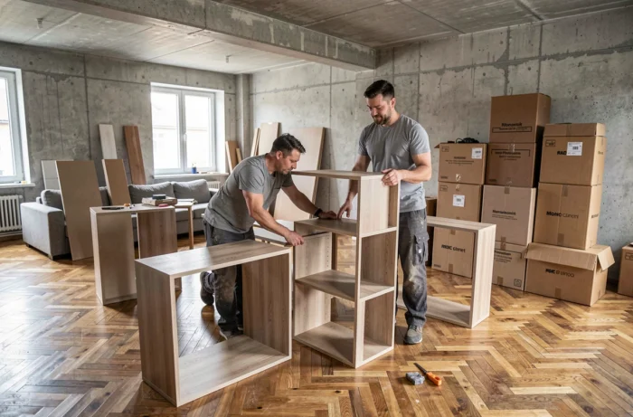 Homme assemblant des étagères modulaires dans un salon en cours de rénovation moderne