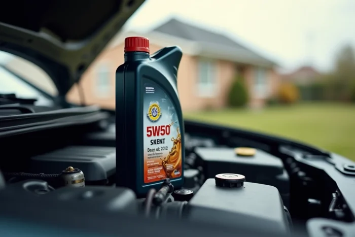 Bouteille d'huile moteur 5W50 posée sur le compartiment moteur d'une voiture moderne avec pièces mécaniques visibles