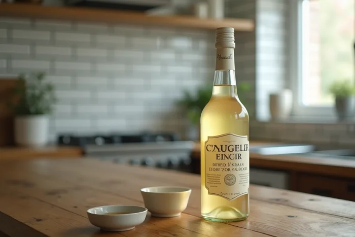 Bouteille de vinaigre d'alcool blanc sur un comptoir de cuisine en bois, avec un bol en céramique, dans un contexte de cuisine domestique traditionnelle