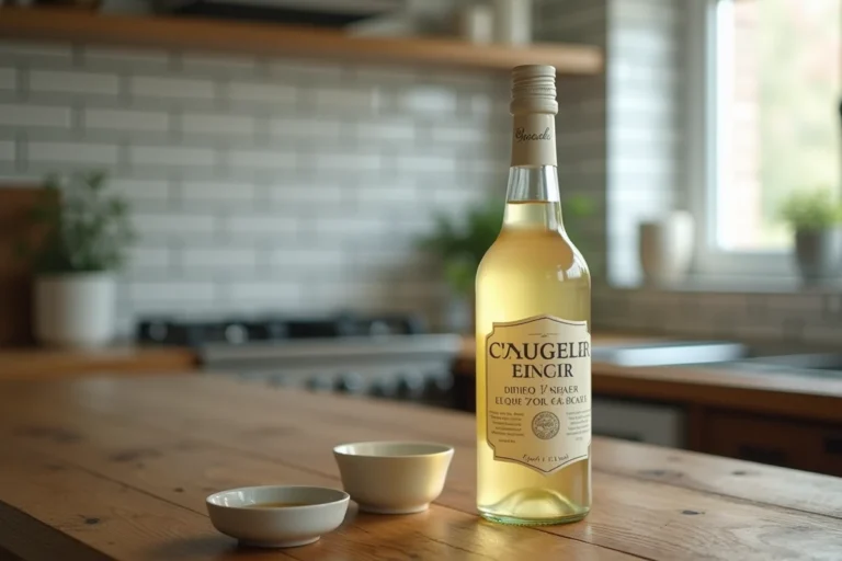 Bouteille de vinaigre d'alcool blanc sur un comptoir de cuisine en bois, avec un bol en céramique, dans un contexte de cuisine domestique traditionnelle