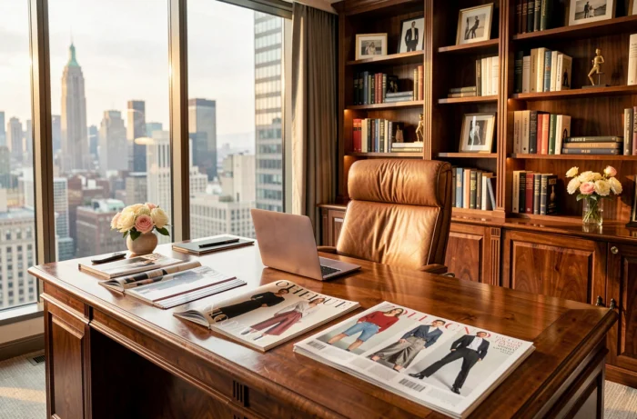Bureau directorial luxueux avec magazines de mode et vue sur Manhattan, symbole du pouvoir et de la fortune dans l'industrie de la mode
