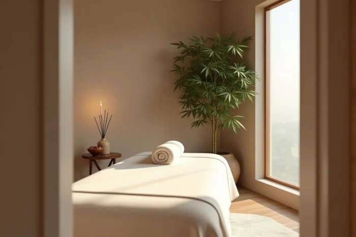 Cabine de soin relaxante du salon Zen Nature à Chalon-sur-Saône avec table de massage et décoration zen naturelle
