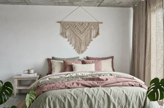 Chambre à coucher décorée dans les tendances CallMeSpring avec literie en coton ivoire et rose poudré, macramé en lin naturel, table de nuit en bois blanchi et plante monstera