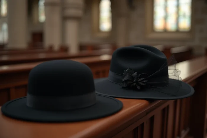 Chapeaux noirs de deuil posés sur un banc d'église lors d'obsèques