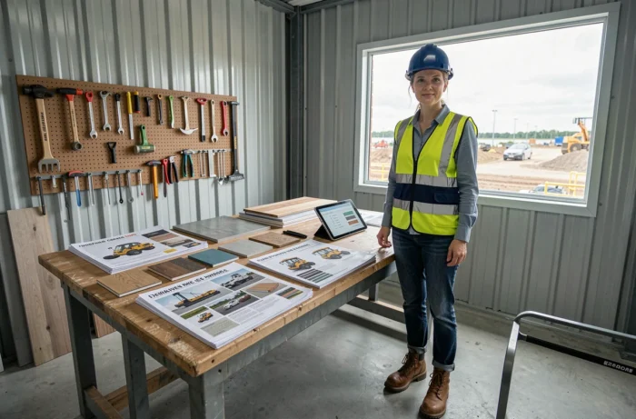Cheffe de chantier comparant des équipements de construction sur des catalogues et une tablette dans un bureau de site temporaire