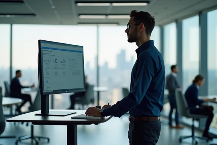 Chercheur professionnel analysant des données qualitatives sur un logiciel de recherche dans un bureau moderne