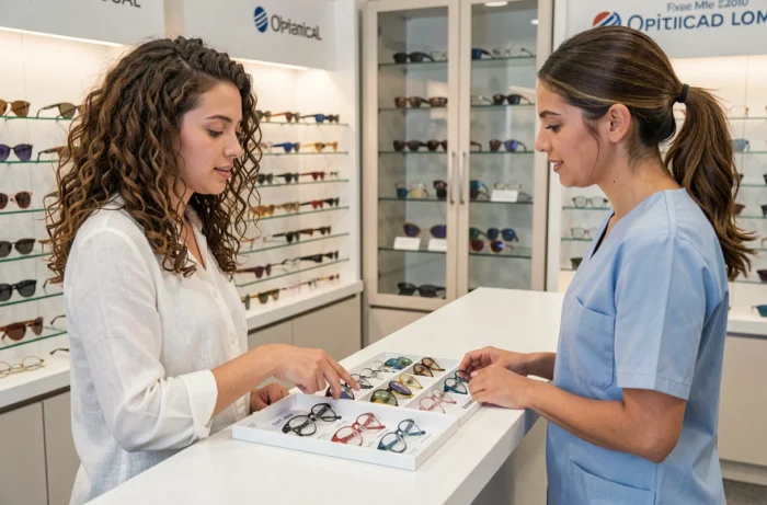 Cliente et opticienne sélectionnant des lunettes sans ordonnance au comptoir d'un magasin d'optique
