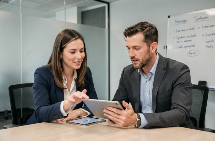 Deux collègues collaborant autour d'une tablette pour comprendre le guide de prise en main de DeclarationExpertise.fr