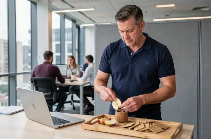 Homme en bureau moderne préparant une collation équilibrée avec des pommes, du beurre d'amande et des crackers complets