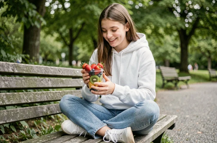 Jeune adolescente mangeant une collation fraîche de fruits colorés dans un parc urbain après l'école