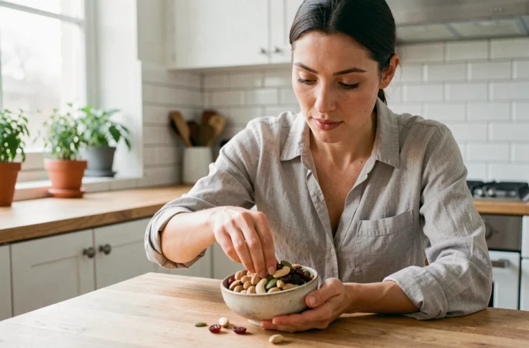 Femme choisissant une collation saine à base de fruits secs et de graines dans un bol en céramique sur une table en bois