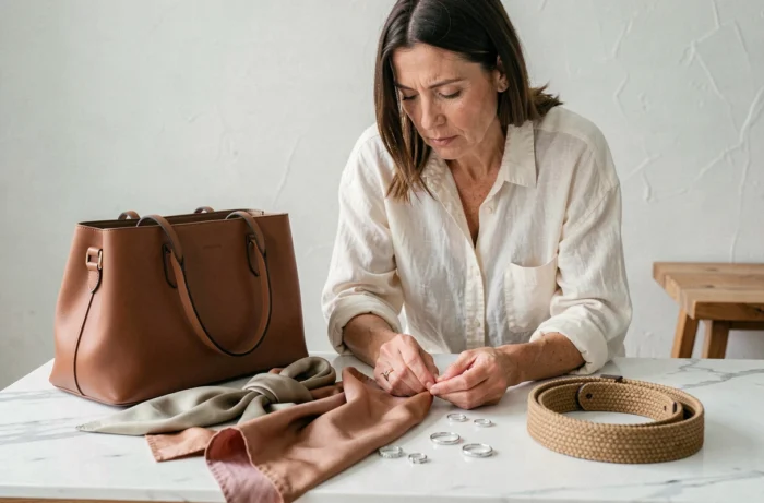 Femme arrangeant une collection d'accessoires de mode tendance sur marbre blanc incluant sac en cuir foulards en soie et bijoux élégants