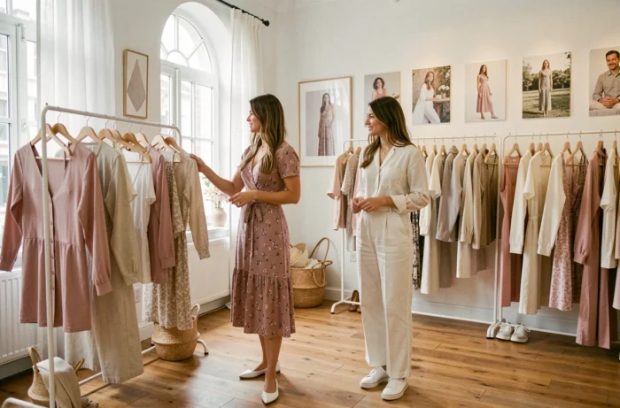 Deux femmes feuilletant des vêtements dans un showroom de mode élégant avec parquet en chêne et fenêtres en arche