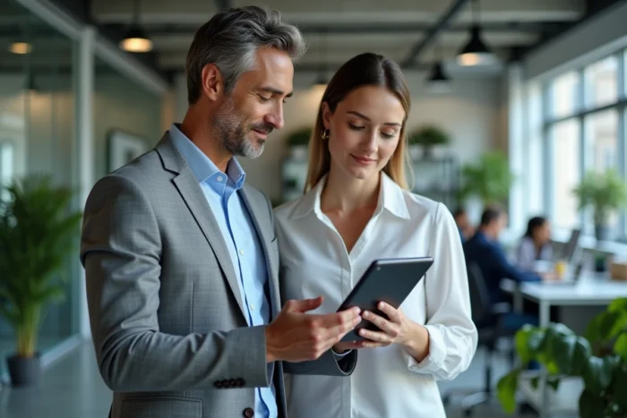 Deux collègues dans une entreprise fintech examinant un tableau de bord de transactions en cryptomonnaies sur une tablette