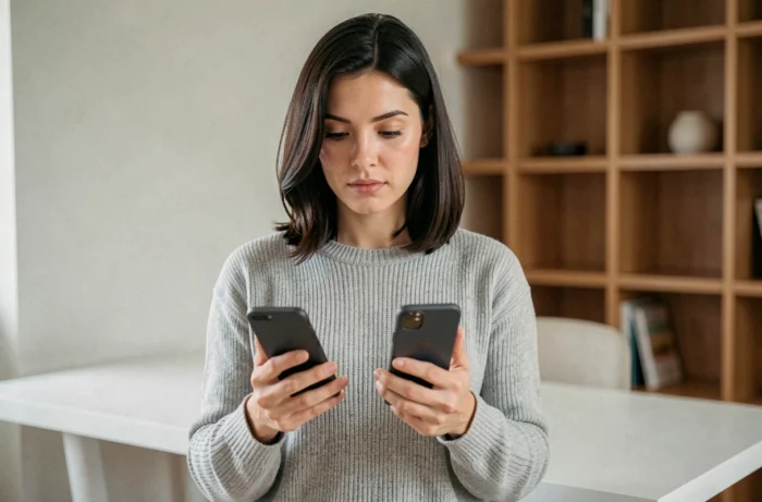 Femme comparant un iPhone 7 et un iPhone 7 Plus côte à côte dans un appartement moderne