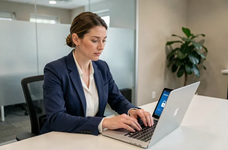 Femme professionnelle se connectant à un portail sécurisé Akeonet sur un ordinateur portable dans un bureau moderne