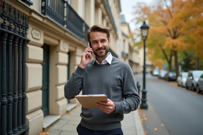 Consultant immobilier de proximité devant un immeuble haussmannien lors d'une visite de quartier