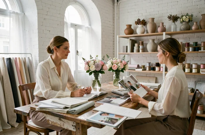 Consultante en mariage présentant des inspirations et échantillons de tissus à une future mariée dans un atelier de wedding planning parisien élégant