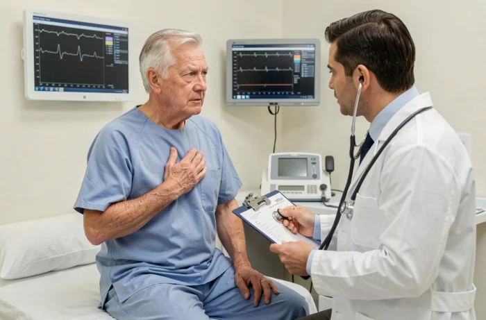 Patient âgé exprimant des douleurs thoraciques lors d'une consultation cardiologique, avec un cardiologue tenant un stéthoscope dans une salle médicale moderne