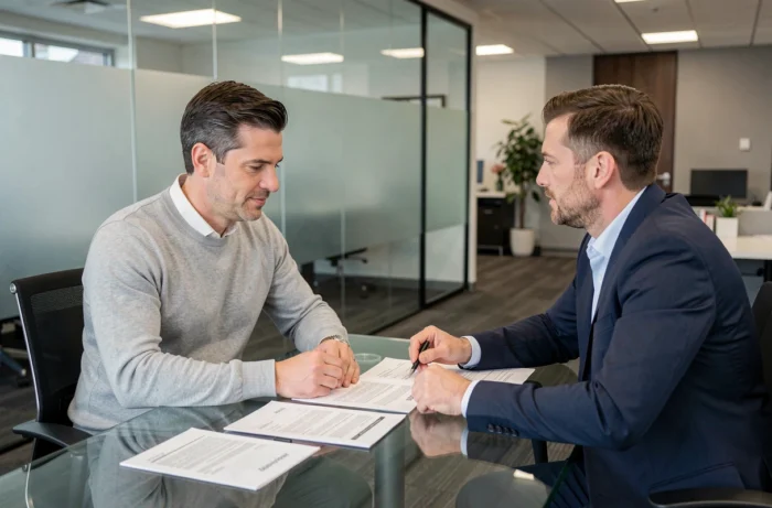 Homme en consultation avec un conseiller financier dans une agence bancaire moderne pour choisir un crédit adapté