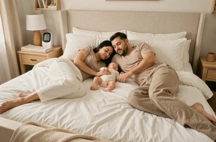 Couple de parents et leur bébé endormis ensemble dans un grand lit familial illustrant les règles de sécurité du cosleeping à trois
