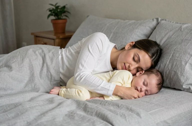 Mère allongée sur le côté dans un lit cosy partageant un moment de cosleeping avec son nourrisson endormi blotti contre elle