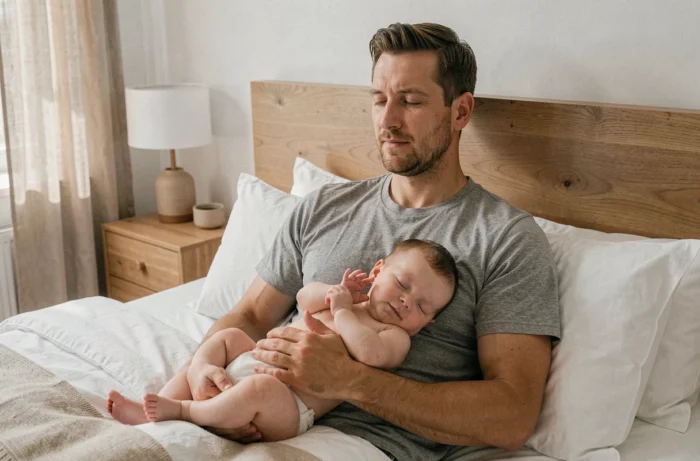 Père en t-shirt gris tenant son bébé endormi sur sa poitrine dans un lit aux draps blancs illustrant le cosleeping en toute sécurité
