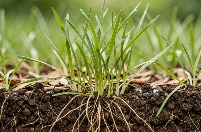 Coupe transversale macro d'un gazon sain montrant les racines, le sol riche et les brins d'herbe verts en gros plan
