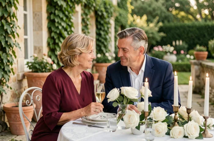 Couple élégant célébrant 35 ans de mariage sur une terrasse en pierre décorée de roses blanches et de champagne