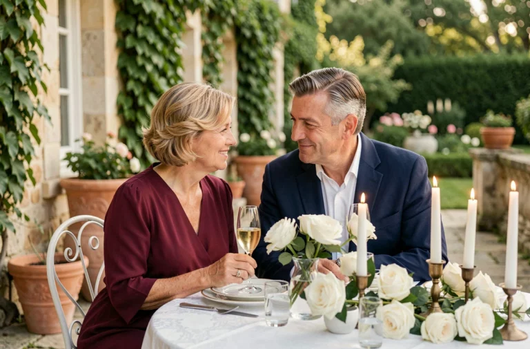 Couple élégant célébrant 35 ans de mariage sur une terrasse en pierre décorée de roses blanches et de champagne