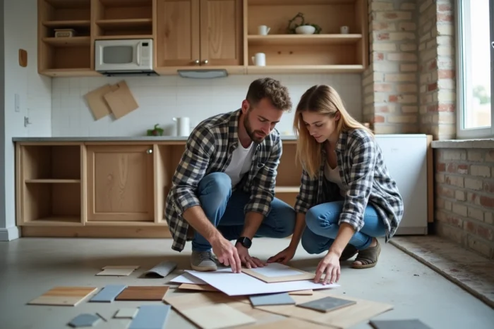 Couple choisissant des matériaux de carrelage et d'aménagement pour la rénovation d'une cuisine
