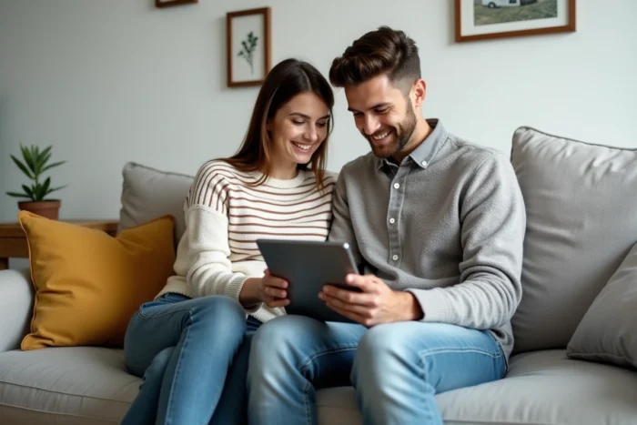 Couple comparant des offres d'assurance voiture MAE sur une tablette dans leur salon