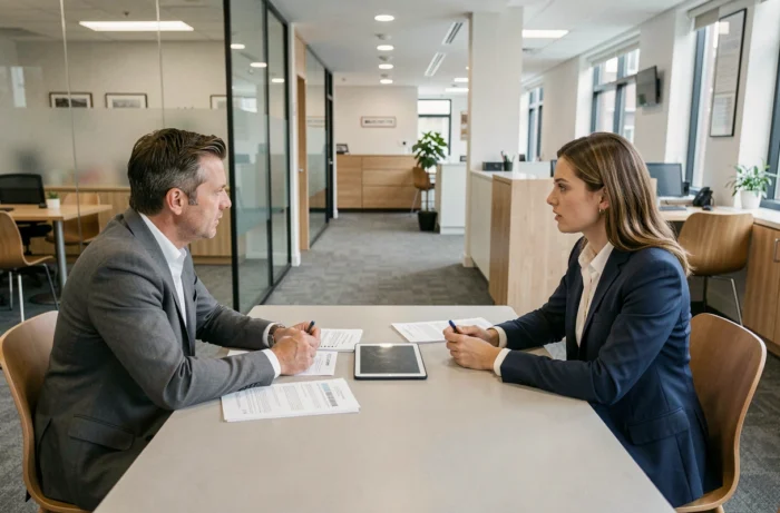 Couple en rendez-vous avec un conseiller bancaire pour discuter des options de crédit et de financement de projet