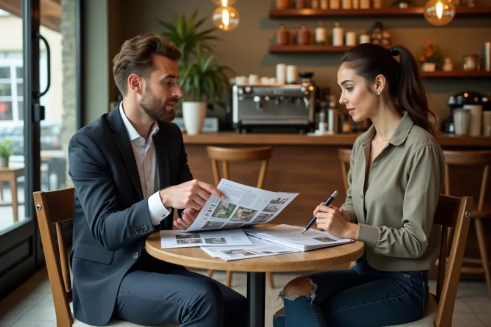 Couple discutant d'annonces de location immobilière imprimées dans un café parisien