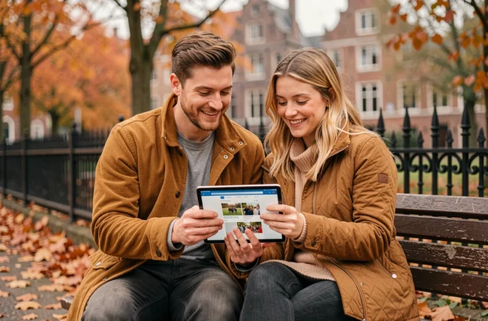 Un couple consulte une page d'événements locaux sur une tablette dans un parc de Gand en automne