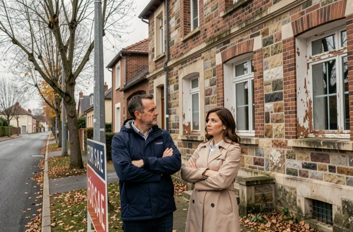 Couple hésitant devant une maison à vendre évaluant les inconvénients d'un achat immobilier
