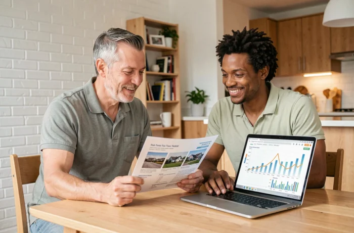 Couple étudiant un dossier d'investissement immobilier locatif sur ordinateur à leur domicile