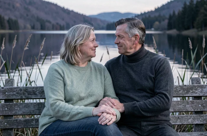 Couple assis sur un banc en bois face à un lac paisible célébrant leurs 35 ans de mariage dans la nature