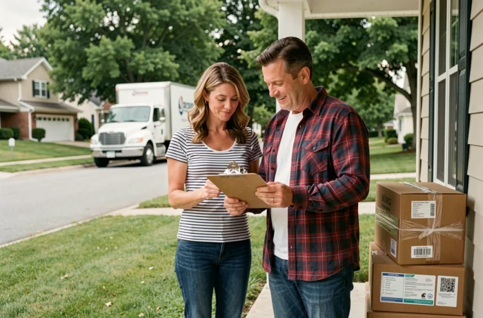 Couple vérifiant une liste de contrôle de déménagement devant leur maison avec un camion de déménagement en arrière-plan