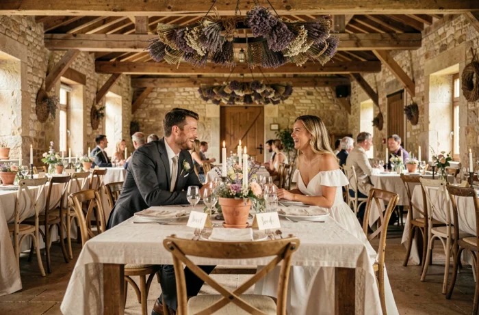 Couple de mariés riant ensemble lors d'une réception de mariage rustique dans une grange en pierre provençale décorée de fleurs sauvages